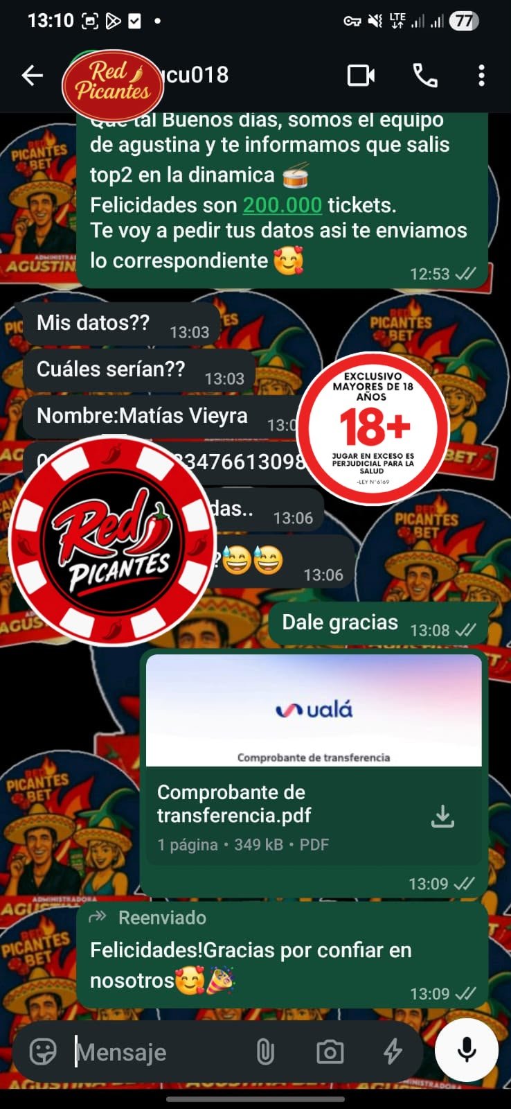 Comprobante del pago del 2° premio
